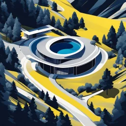 Ilustración minimalista de una cabaña campestre estilo Zaha Hadid en las montañas arte nouvea color negro blanco azul y amarillo vista aérea