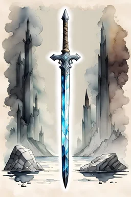 simple crystal sword in the art style of Wayne Reynolds, ink wash and watercolor, 8k, ArtStation, DeviantArt
