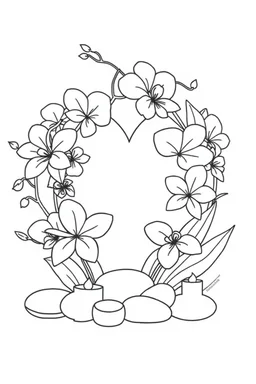 outline art for visually rich appealing heart shape orchids plumeria rounded stones candles, ikebana style, coloring page for kids, white background, fit to page, only use outline, clean line art, no shadows, clear and well outlined