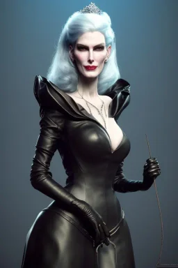 Carmen Dell`orifice as evil queen in black leather, leather, busty, cleavage, angry, stern look. character design by cory loftis, fenghua zhong, ryohei hase, ismail inceoglu and ruan jia. unreal engine 5, artistic lighting, highly detailed, photorealistic, fantasy