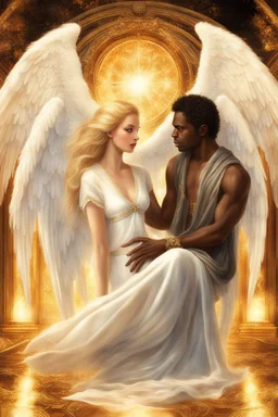 A dazzling confrontation unfolds between a luminous white female angel and a mysterious dark male angel. The female angel emanates a celestial radiance, her wings shimmering with iridescent hues of gold and silver. In contrast, the male angel exudes an aura of unsettling elegance, his dark wings shadowed with hints of crimson and ebony. This mesmerizing scene is depicted in a stunningly detailed oil painting, capturing every intricate detail of their divine forms. The richness of colors, the int