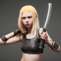 Cyberpunk, blonde girl in ninja outfit holding katana, unreal engine 5, octane render,cinema4d, dynamic lighting, 8k, redshift render, highly, hyperrealism ultra detailed, hyper realistic.