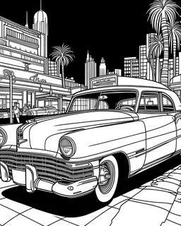 coloring page 1950 Cadillac Series 61, bold line, full image, Las Vegas, Nevada: The "Old Vegas" area with its iconic neon signs and historic hotels like the Flamingo and the Golden Nugget harken back to the 1950s Rat Pack era