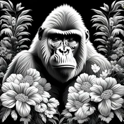 colorless gorilla between seeds and big flowers black background .black and white colors. for a coloring. with grayscale