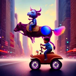 A one-year-old boy rides on the cow in the middle of a busy street in new york. photographic, bright colors and sunset, fantasy art, Anna Dittmann, digital painting, dan mumford, oil on canvas, jeff koons, akihito yoshida, wlop, kodachrome.