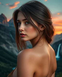 beautiful girl, close-up, nude, back painted with mountains and waterfalls, sunset, 4k resolution, max detail, professional, surrealism