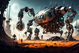 surreal and futuristic scene, intricate machinery with long robotic arms collecting the heads, vast landscape, mechanical harvesting process, metallic sheen on machines, dramatic lighting casting long shadows, intricate details, a blend of fantasy and sci-fi elements, no organic bodies visible,
