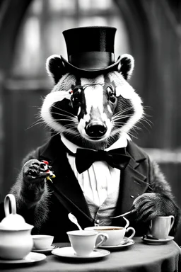 Anthropomorphic European badger wearing a monocle and tophat having a tea party with his animal buddies. Photograph.