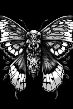 beautiful black and white realistic moth with skull body and with woman eye on the center of each upper wing