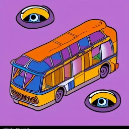 isometric rigid smiling bus with eyes by jim woodring in cartoon style