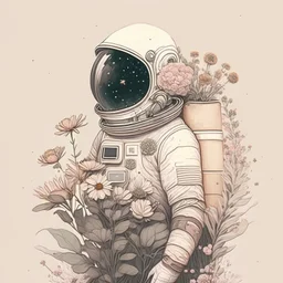 "floral astronaut" hand-drawn digital art, muted tones, flowers everywhere, REALISTIC