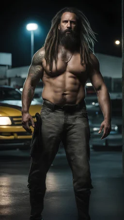 strong burly slim gipsy mechanic 44 years old, dreadlocks, wet, long black beard, manly chest, hairy, shirtless in bulging dirty white boxer, big shoulders, tattoo, big calves, barefeet, angry, photorealistic, side light, inside a dark parking lot at night, side neon light, photoRealistic, view from the ground