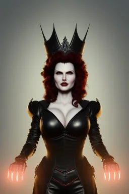 Geena Davis as evil queen in black leather, leather, busty, cleavage, angry, rage, stern look. character design by cory loftis, fenghua zhong, ryohei hase, ismail inceoglu and ruan jia. unreal engine 5, artistic lighting, highly detailed, photorealistic, fantasy