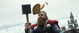 Movie poster portrait. The mighty God Thor sees the hammer toaster on a pole, spit out one slice in his face. The bread is jumping over his head. In the style of Rembrandt and "Gods of Fallout 4". He is sitting on the balcony of his castle, with a great view over the frozen valley. He is trying to grab the bread quickly. "Fali' ja."