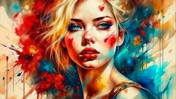 old canvas with worn torn folded edges and holes, cracks, heavily grained, broken lens effect, Iris wreath portrait Blonde woman, red lips, back tattoo, Alcohol ink, Hyperdetail, Anna Razumovskaya, Anna Dittmann, Luis Royo