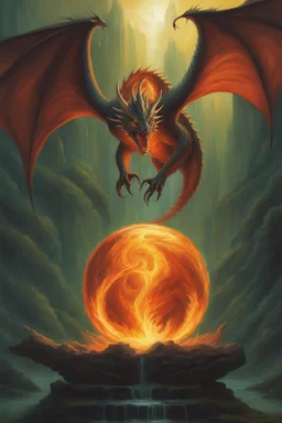 dragon attacking a magic orb full of dragon fire. dragon with huge cloned wings. perfectly drawn claws. fantasy setting. . style of Clive barker