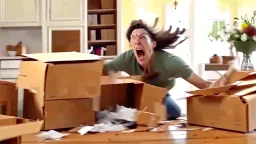 woman starts frantically tearing through a very large box the kitchen table was delivered in