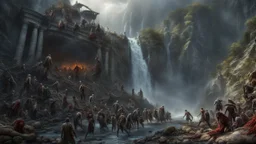 a pile of rotting zombies at the foot of a 3.000 feet high waterfall. fantasy setting, horror. exquisite realism, a masterpiece, fantasy concept art, dynamic lighting, hyperdetailed, intricately detailed, deep color, Unreal Engine, volumetric lighting, Epic cinematic brilliant stunning intricate meticulously detailed dramatic atmospheric maximalist digital matte painting