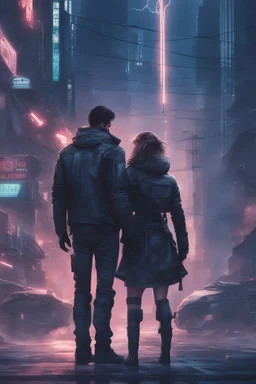 Science fiction, cyberpunk, city street, couple girl and guy, together, love at first sight, forbidden love, storm, lightning, motorcycle