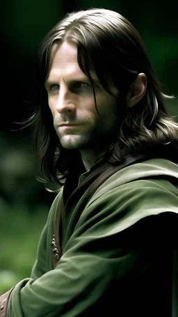 Portrait of Aragorn: The heir of Isildur and the rightful king of Gondor, a mighty warrior and healer. He is described as having dark hair, grey eyes, and a noble bearing. He often wears a green cloak with a silver brooch, a leather jerkin, and a sword called Andúril