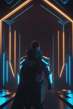 cyberpunk, neon blue, triangle of light floating behind the back, cyber armor, geometric patterns on an armor, male
