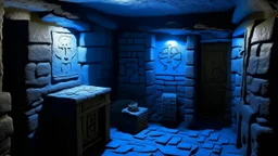 A small room surrounded by cold, damp stone walls. There are no visible doors, but a faint blue light emanates from a crack in the floor, illuminating strange symbols carved into the walls.