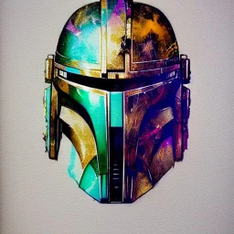 photorealistic the mandalorian helmet with multicolor painting, illustration by <agnes cecile> <Yoji Shinkawa>, ornate and intricate details , soft smooth lighting, concept art, black velvet cloth background,