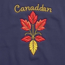 an autumn colored textured cloth embroidered ornamental leaves, pointed bottom, on darker textile background, embroidered text across top, Canadian western textile art design