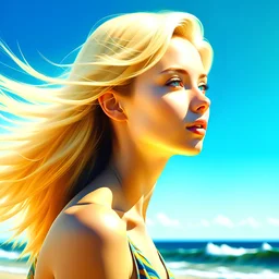 Digital Art, Digital Masterpiece, High Definition, Colorful, Natural Illumination, Summer time, Sunny day, (low angle shot:2.5), (1 beautiful blonde girl:1.8), (sexy eyes:1.5), (looking back:1.5), (professional shot:1.2), beachside