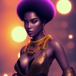 full body shot, masterpiece, best quality, family of three, black skinned, sparkling eyes, fluorescent skin,purple-dark makeup, gangsta style , armed with guns , highly detailed body, afrofuturism, scifi, sun light, 4K, RAW, depth of field, high contrast, realistic details, 24mm