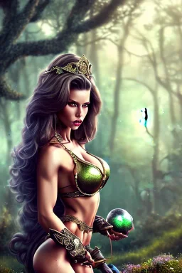 milf, bodybuilding, brunett long gewelltes hair, warrior princess, forest, nacht, märchenschloss auf hügel, große oberweite, corsage, necklace, fantasy art