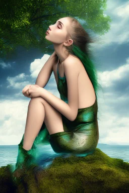 woman sitting on a rock, in a lake, green mottled skin, green hair, blue sky, white clouds