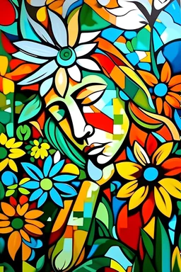 Mujer cansada en un paisaje floral al estilo de Pablo picasso