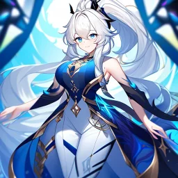 Clear focus, 8k, beautiful lighting, vibrant colors, girl, white long hair, vibrant blue eyes, messy hair, ponytail, honkai impact 3 outfit