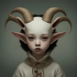 a close up of a child wearing a goat's head, inspired by Ray Caesar, zbrush central contest winner, pop surrealism, kwak ji young, guillem h. pongiluppi, big natural horns on her head, silence, naoto hattori, cloven feet and horns, chinese art, jester, full image, shot with Sony Alpha a9 Il and Sony FE 200-600mm f/5.6-6.3 G OSS lens, natural light, hyper realistic photograph, ultra detailed -ar 3:2 -q 2 -s 750