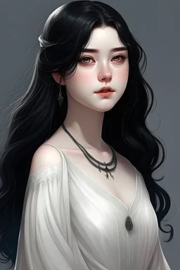 a 16 year old woman, white skin, medium length wawy black hair, beautiful round face, black eyes, round body, in a white dress, realistic epic fantasy style