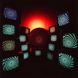 gnarly surreal op art photograph, HIDDEN MEANING, surreal spiral mysteries, nihilistic, technicolor eclipsed blindness of a self-undoing, television set array unveiling a liminal repeating spiral illlusion pattern, coherence worming across multiple screens, double exposure, foreboding, photography, dark negative space, artistic pessimism