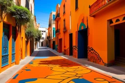 An orange colored construction zone in town designed in Moroccan rug art painted by Alexej von Jawlensky