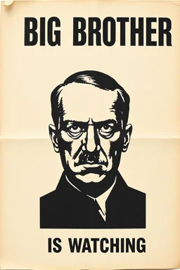 an old poster with the words"BIG BROTHER"(across top), the staring face of adolf hitler(middle, facing viewer), text "IS WATCHING"(across bottom), wwii era 1984 propaganda black and white printed poster on old paper