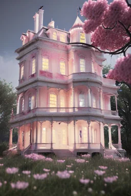 Victorian white house with pink flowers, in the style of Camilla d'Errico, hyper detailed, beautiful, complex, trending on artstation, cinema4d, cryengine, national geographic photo, chiaroscuro