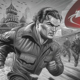 Sincity comic, siberian comunist soviet running. Closeup.