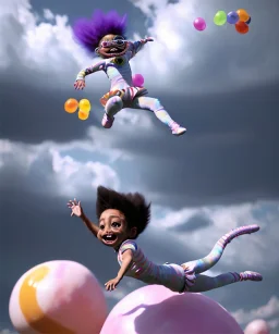 Ultra realistic speed clouds sky scene, wide angle view, child falling down with many Children background, inflatable monsters, circus dress style, feather color, free jumping flying, many trinkets, hair monster, many jelly beans, balls, color smoke, smile, happy, extreme, wind, clouds sea, 20,000 feet altitude, stratosphere, soft color, highly detailed, unreal engine 5, ray tracing, RTX, lumen lighting, ultra detail, volumetric lighting, 3d, finely drawn, high definition.