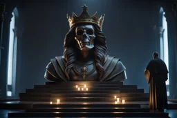 The king of death statue, Frightening, Cinematic lighting, Volumetric lighting, Epic composition, Photorealism, Bokeh blur, Very high detail, Sony Alpha α7, ISO1900, Character design, Unreal Engine, Octane render, HDR, Subsurface scattering, t