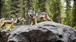 wolves on a large rock in the forest