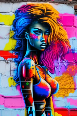 graffiti art on the brick wall portraying a female super model posing confidently, 8k, highly detailed, centered, epic composition, graffiti art, splash art, street art, spray paint, oil gouache melting, acrylic, high contrast, colorful polychromatic, ultra detailed, ultra quality, CGSociety