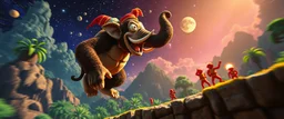 donkey kong clowns i lying when he repeats everything you say, bear ant eater elephant floating in 4 dimensional platform game, goa trance movie poster, stylized art, pin hole photo, motion blur