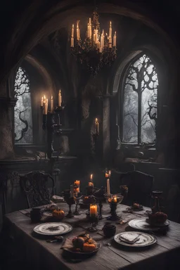A table in a spooky witch castle