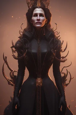 Julia Roberts as evil queen in black leather gown, evil, busty, cleavage, curvy, angry, stern look. character design by cory loftis, fenghua zhong, ryohei hase, ismail inceoglu and ruan jia. unreal engine 5, artistic lighting, highly detailed, photorealistic, fantasy