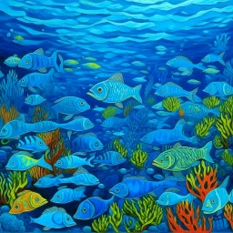 A blue underwater reef with poisonous fish painted by Vincent van Gogh