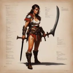 ConceptSheet: woman barbarian and his axe with AD&D statistics [by Guy Borremans]